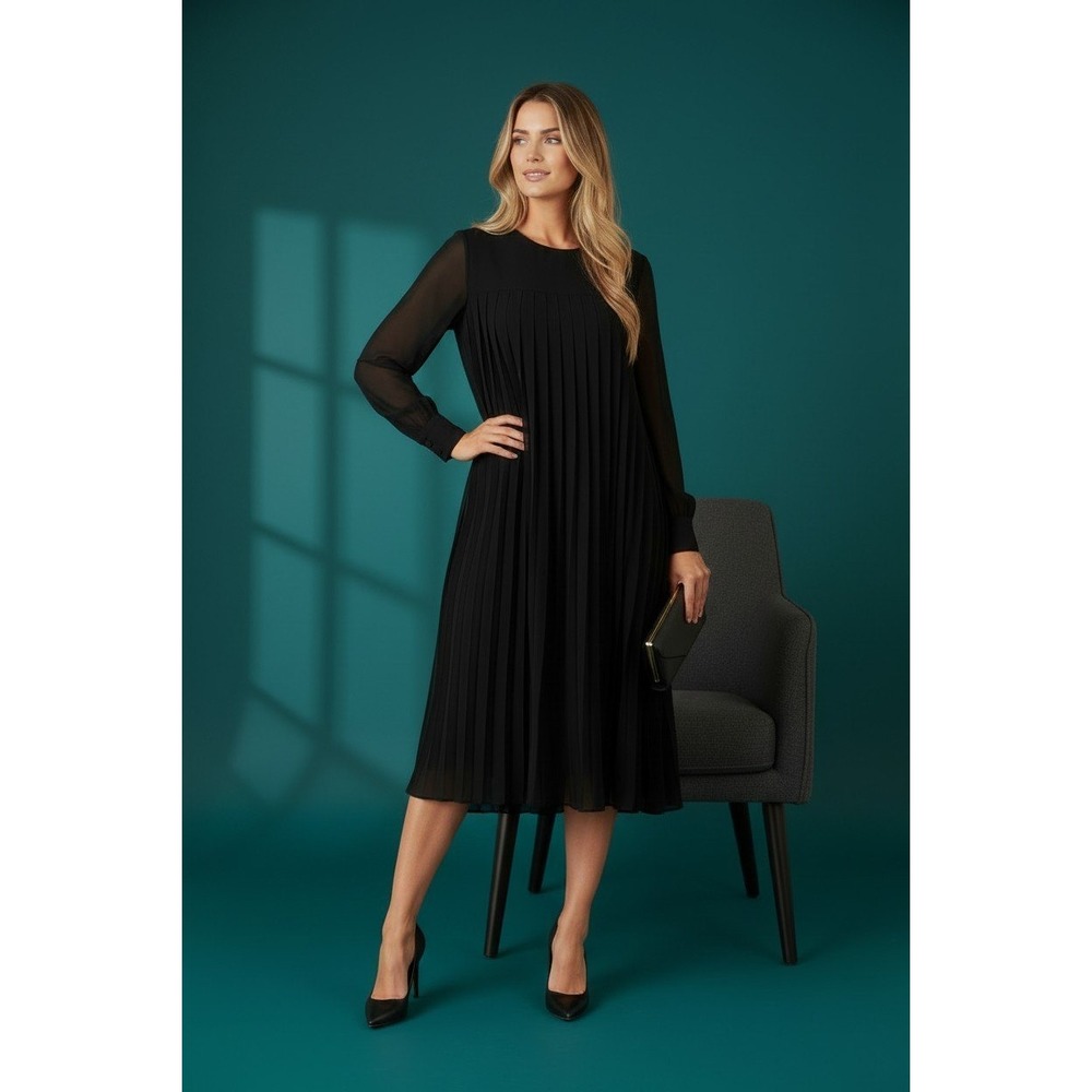 Rachel Parcell x Savanna Tate Black Pleated Chiffon Sheer Sleeve Dress Large